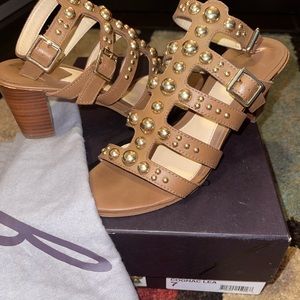 EUC LIKE NEW B Brian Atwood Blaise Cognac Leather Block Heeled Sandals